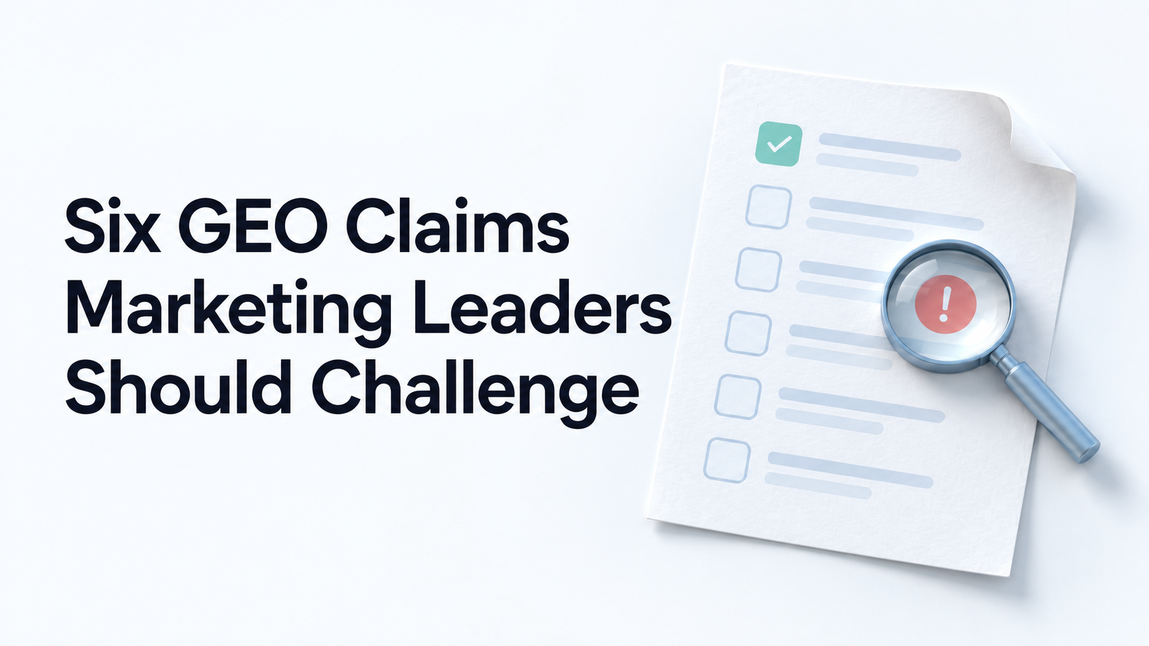 Blue paper checklist and magnifying glass illustrating six GEO claims marketing leaders should challenge.