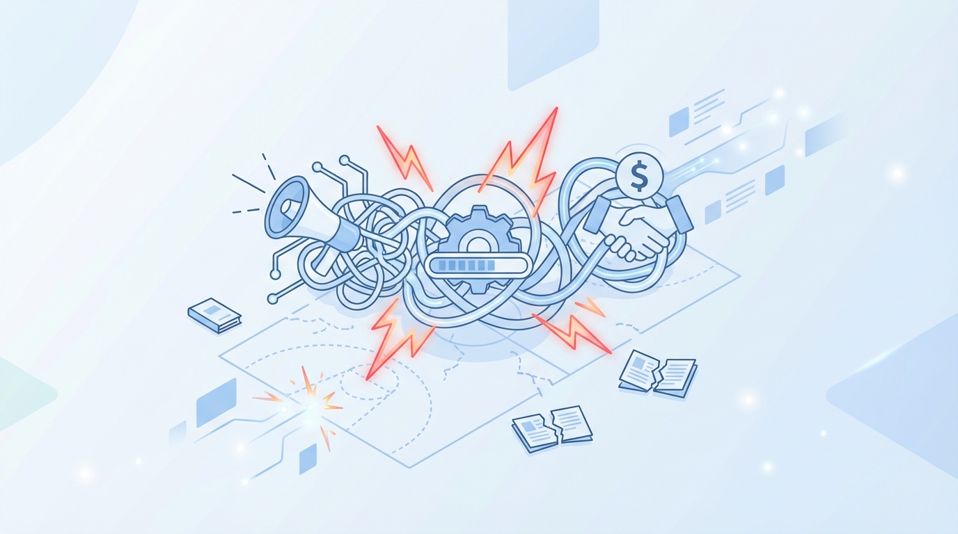 What chaos feels like across marketing, product, and sales concept illustration - Oleno