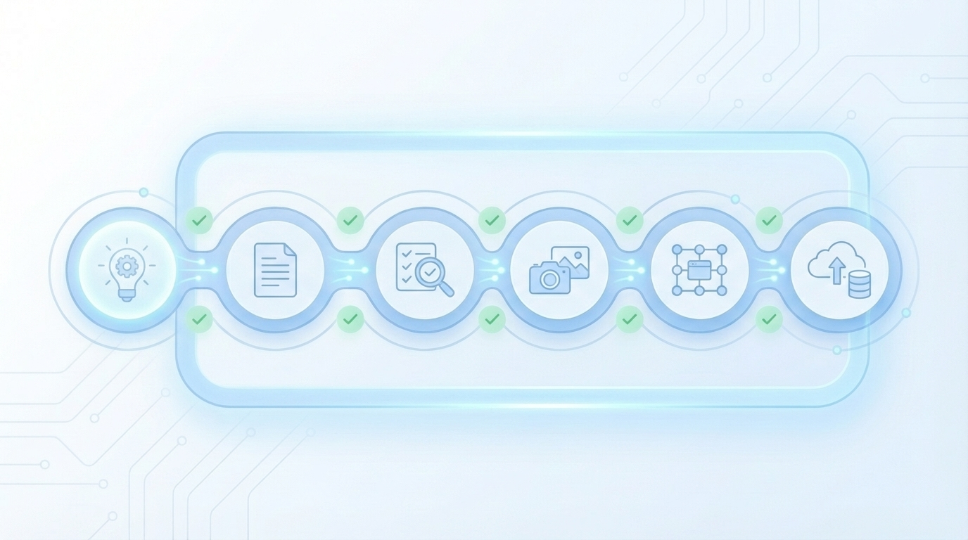 Build The Deterministic Pipeline: Topic → Brief → Draft → QA → Visuals → Schema → CMS concept illustration - Oleno
