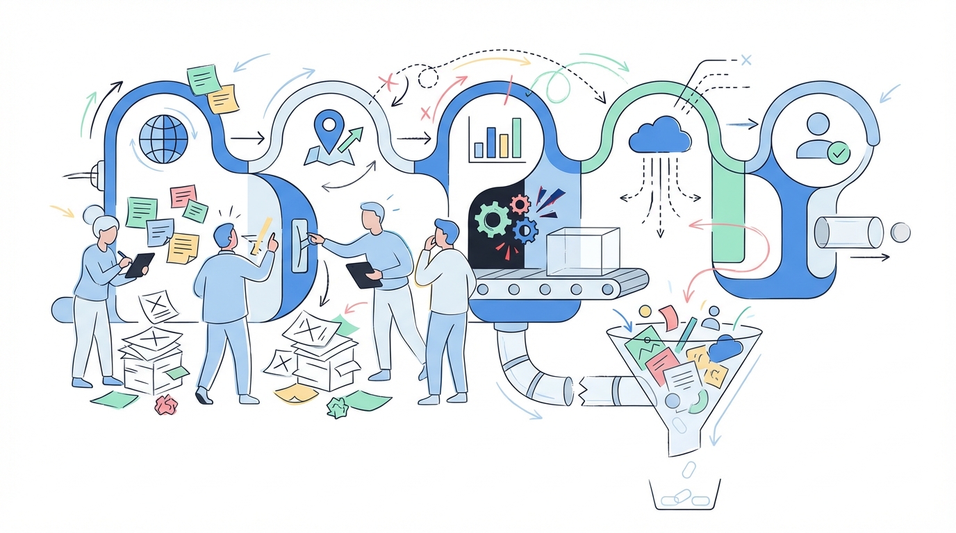 Fragmented Execution Feels Like Busy Weeks And Empty Metrics for Five stages of geo concept illustration - Oleno