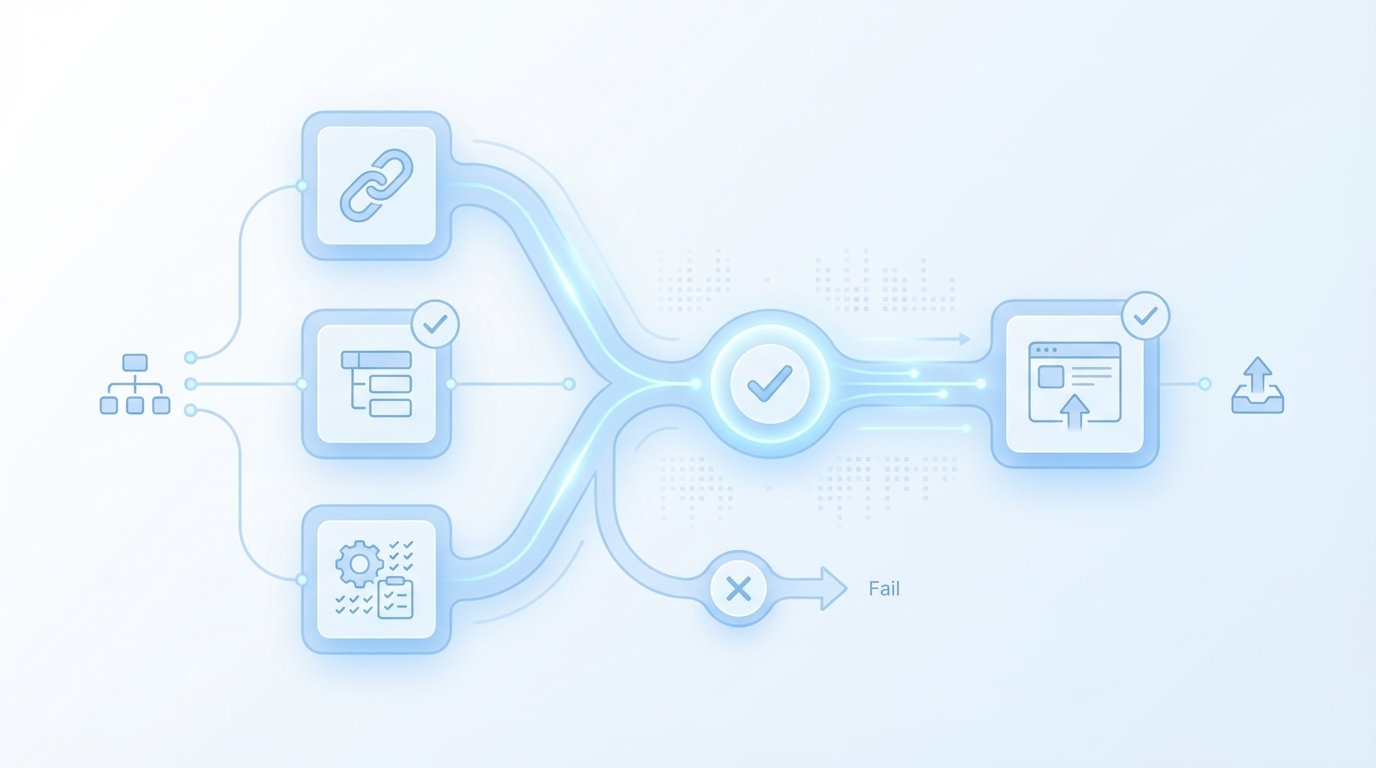 Make Publishing Deterministic: Links, Schema, QA, Release concept illustration - Oleno