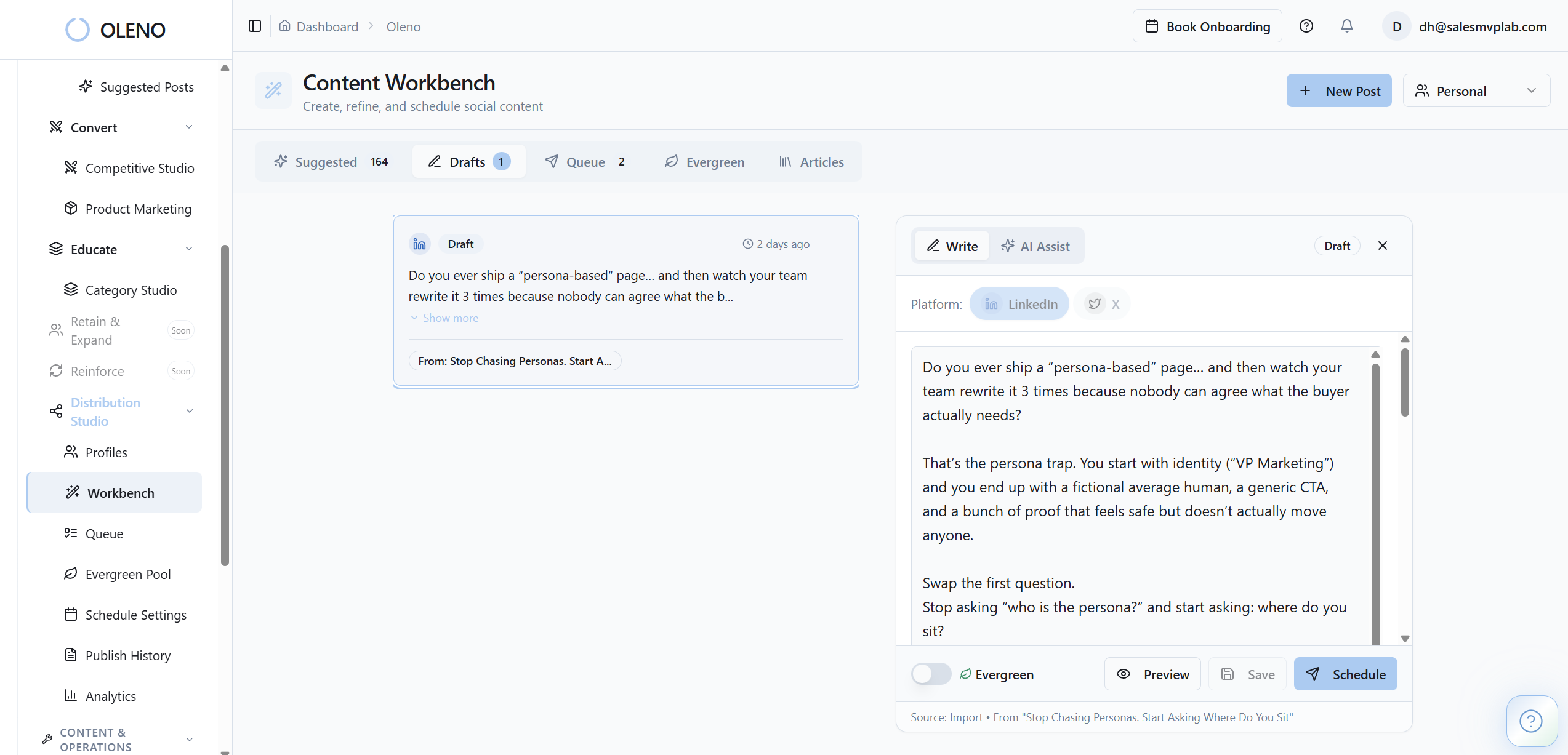 End-to-end social content distribution: generates platform-specific social posts from articles, manages social profiles and schedules, provides a content workbench for editing and approval, and queues posts for publishing across LinkedIn and other platforms.