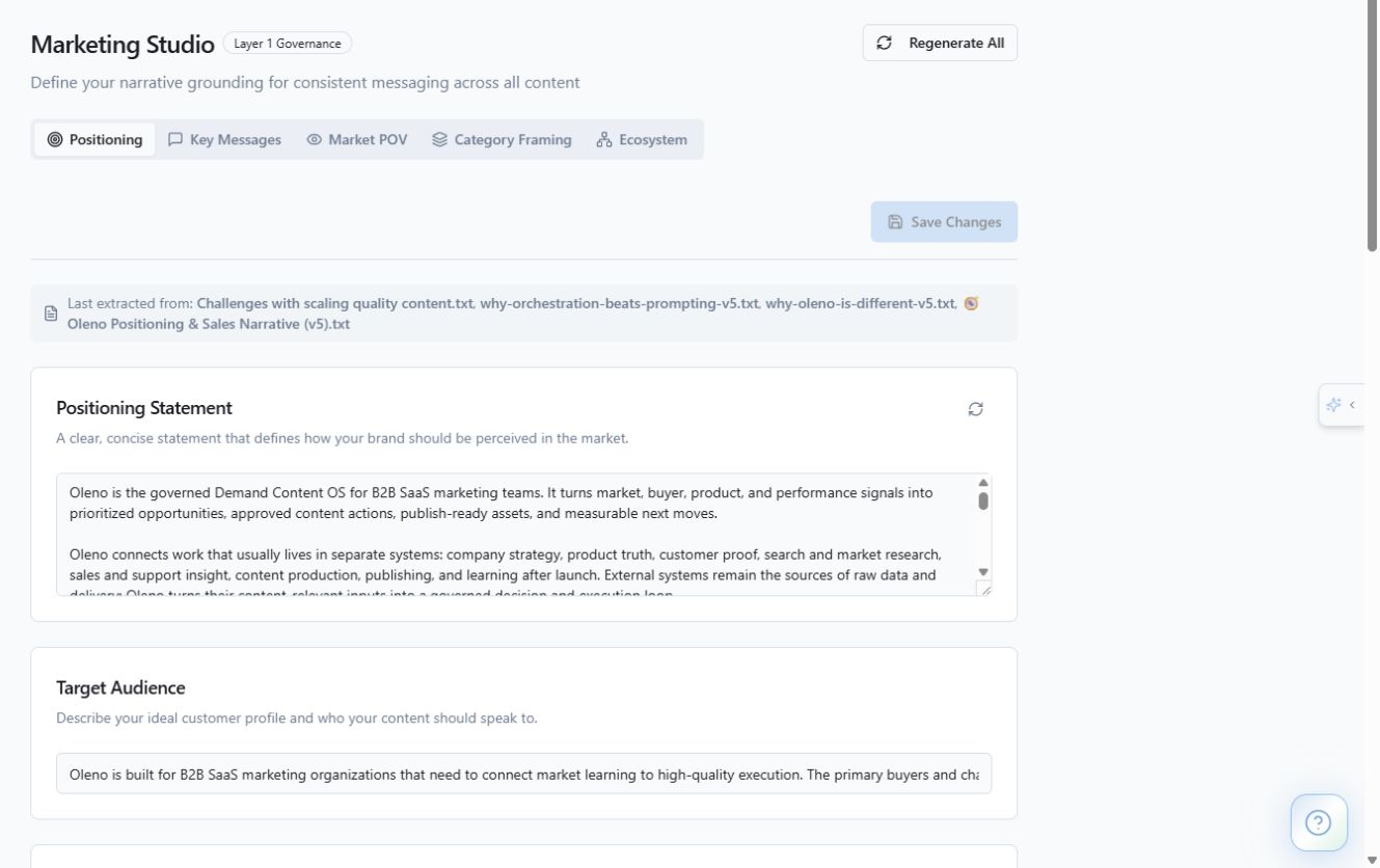Govern positioning, category framing, differentiators, and core messages. product screenshot in Oleno