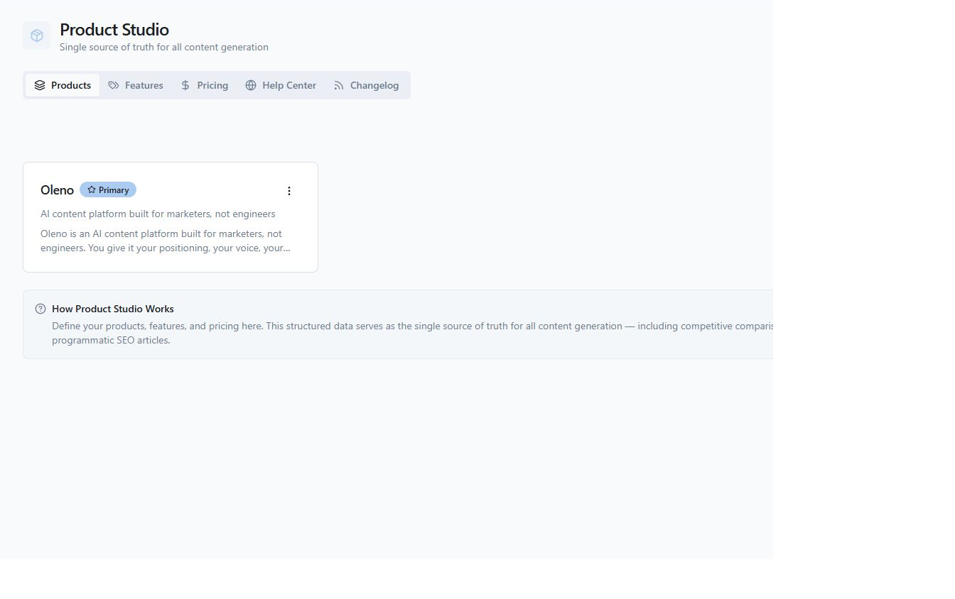 Manage Oleno product truth and its feature inventory in Product Studio. product screenshot in Oleno
