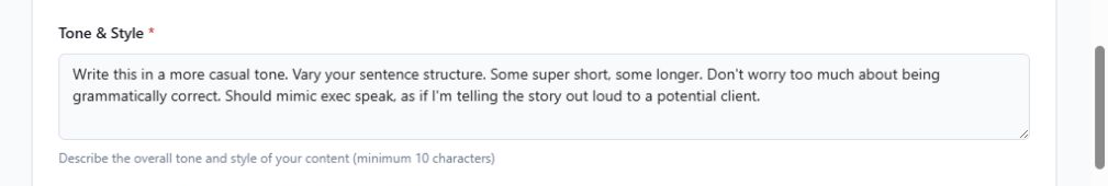 Set the reusable brand-voice tone used during generation and editing. product screenshot in Oleno