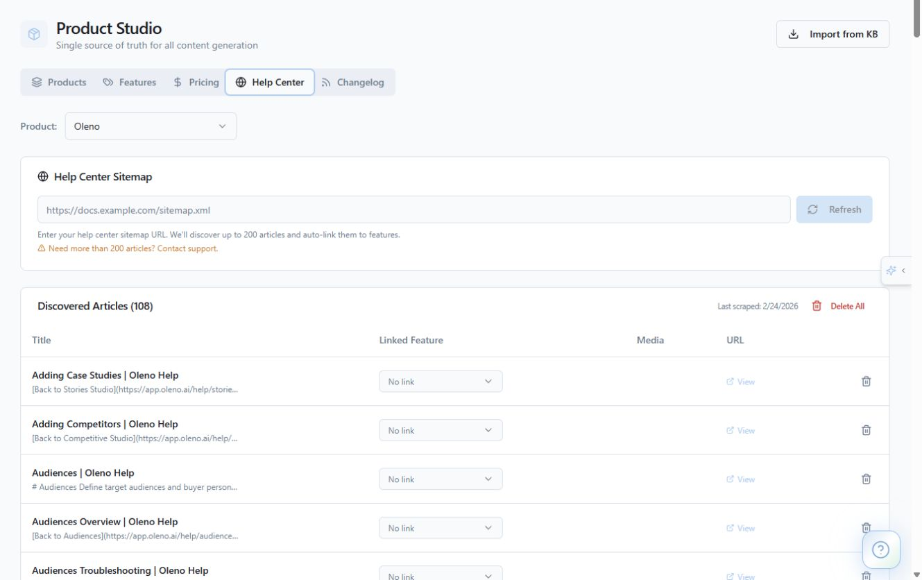 Connect help-center sources to the product-truth library. product screenshot in Oleno