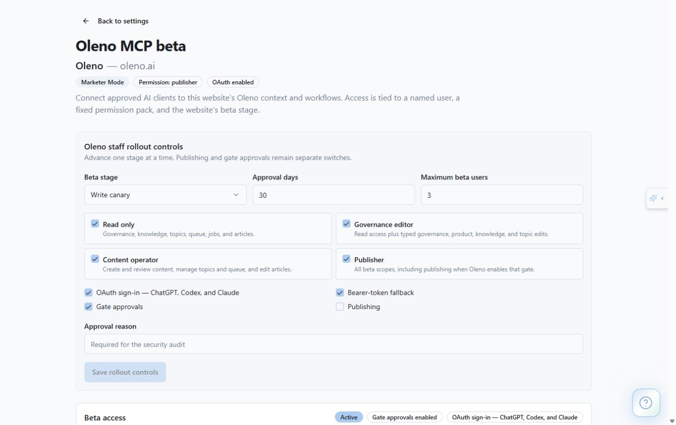 Configure tenant-bound MCP permissions, OAuth access, and approval gates. product screenshot in Oleno