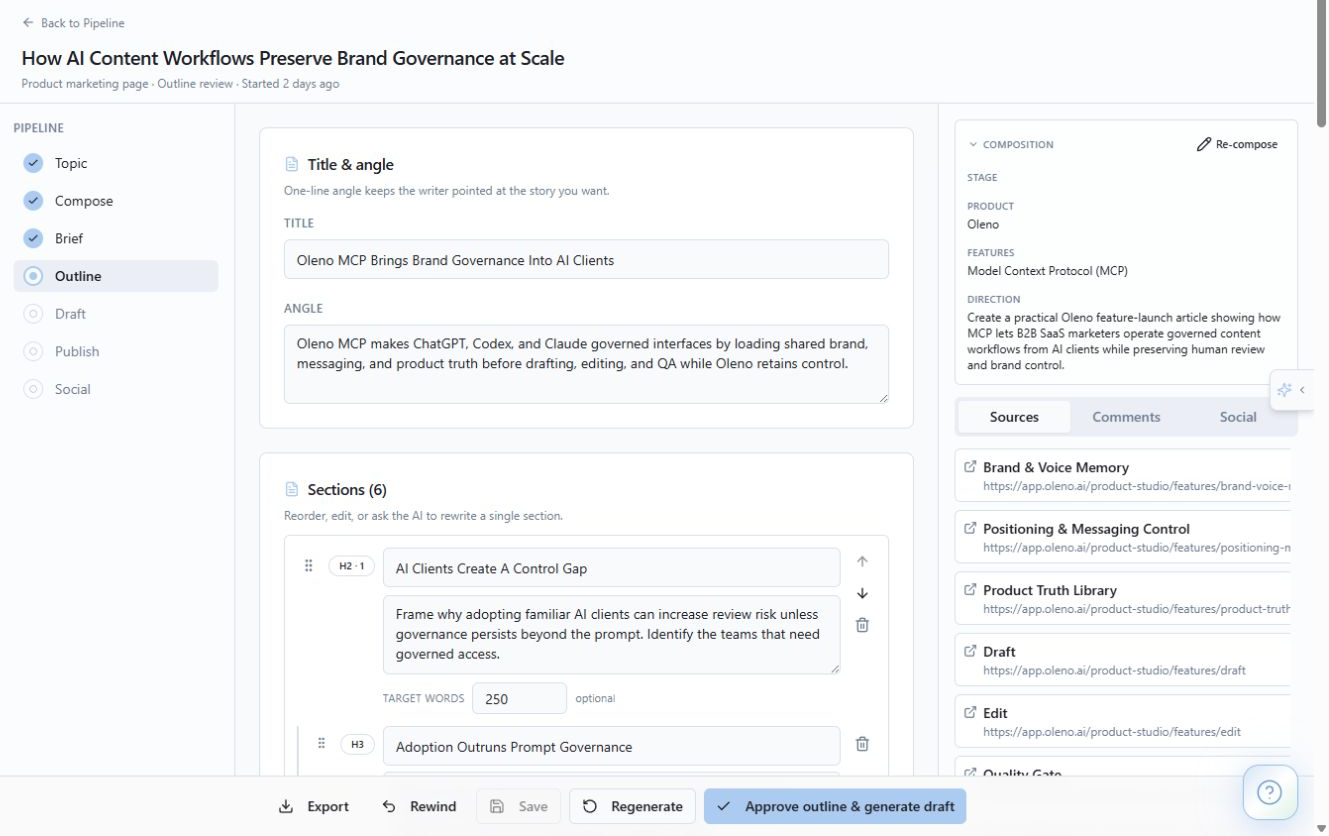 Review section structure, subheadings, and target lengths before drafting. product screenshot in Oleno
