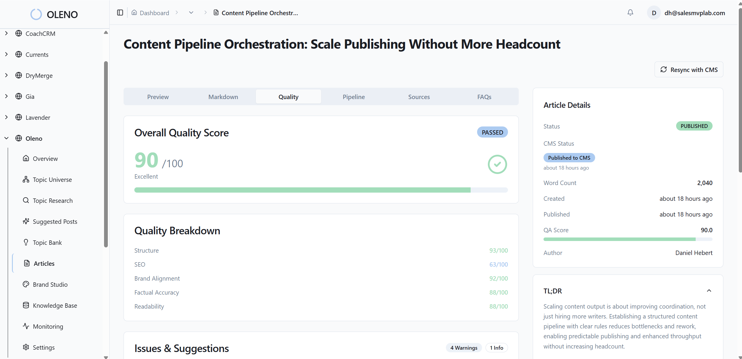 The Quality Gate automatically evaluates every article against your brand standards, structural requirements, and content quality thresholds before it reaches the review queue. Articles that pass are either auto-published or queued for optional review. Articles that fail are automatically enhanced and re-evaluated—no manual triage required.