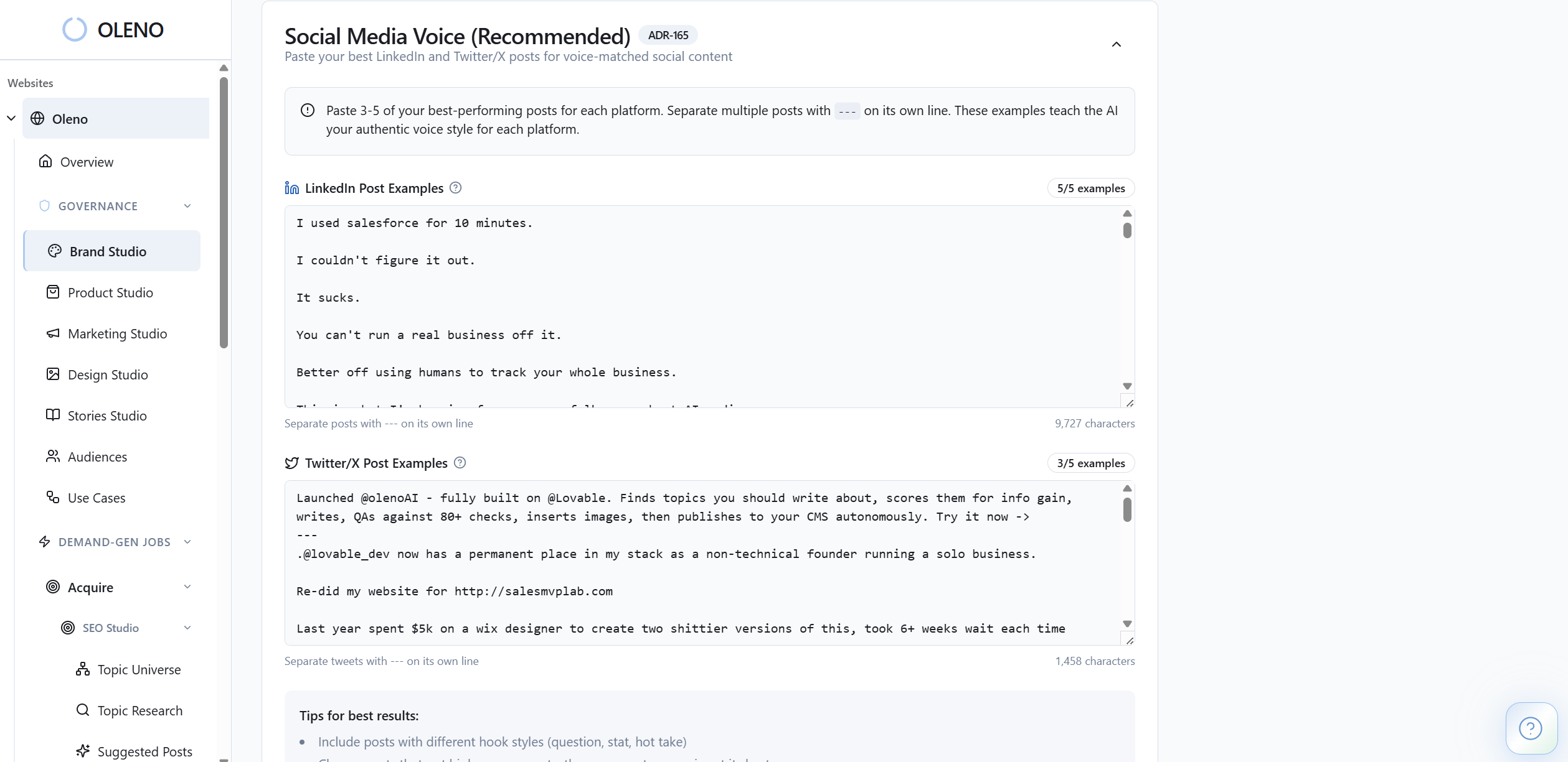 Brand Studio solves a pervasive scaling problem: as volume grows, tone and structure drift. Freelancers, agencies, and even in-house teams struggle to consistently replicate a brand’s cadence, terminology, and calls-to-action—especially across different content types. Brand Studio centralizes those rules and makes them operational. You define voice attributes (tone, sentence rhythm, formality), preferred and prohibited terms, CTA construction, paragraph/heading rules, and few-shot exemplars. Oleno then injects these constraints into every step of every content pipeline, and the QA system scores outputs against them. The value is twofold: first, teams stop burning time on subjective edits to “make it sound like us”; second, brand equity compounds because every asset reads as one company speaking with one voice. For small teams, this replaces tribal knowledge and scattered style docs with executable guardrails. For leaders, it creates an auditable, enforceable standard so opinionated storytelling survives scale without devolving into bland, generic copy.