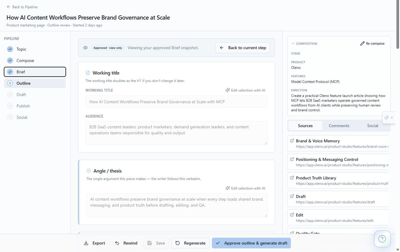 Review the working title, audience, thesis, and brief before outlining. product screenshot in Oleno