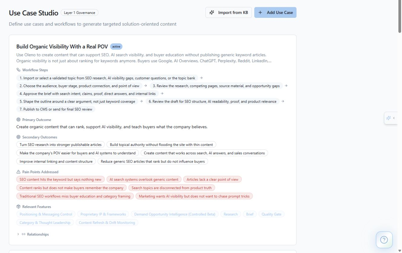 Maintain governed use cases for solution-oriented content. product screenshot in Oleno