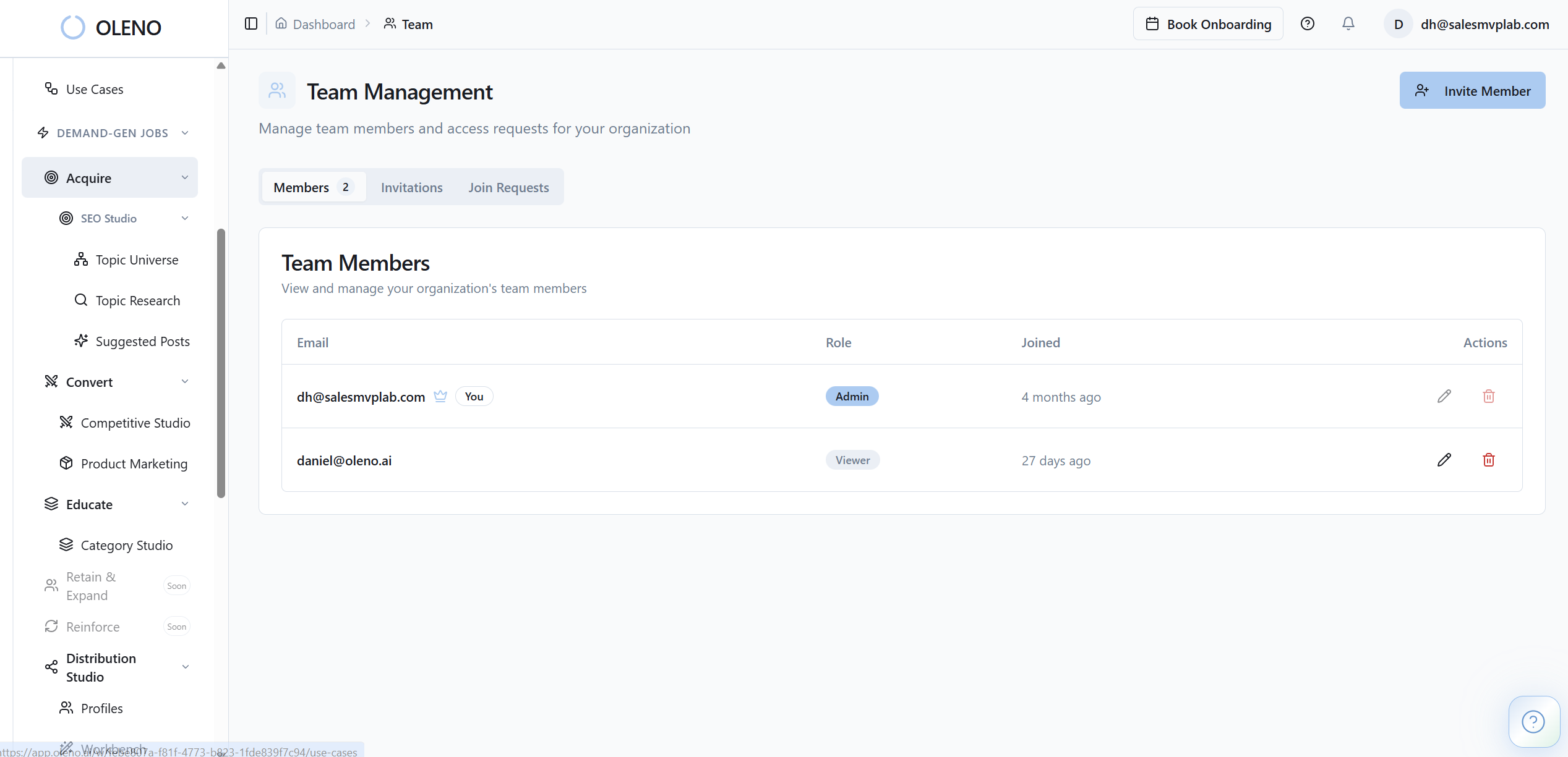 Role-based access control with three roles: Admin (full control including settings, billing, and team management), Editor (create and modify content on assigned websites), and Viewer (read-only access to browse data without edit rights). Team members are invited via email with secure 7-day token-based onboarding. Permissions are scoped to specific websites within an organization, so editors only see and act on their assigned properties. This ensures operational security as teams scale without requiring external IAM tools.