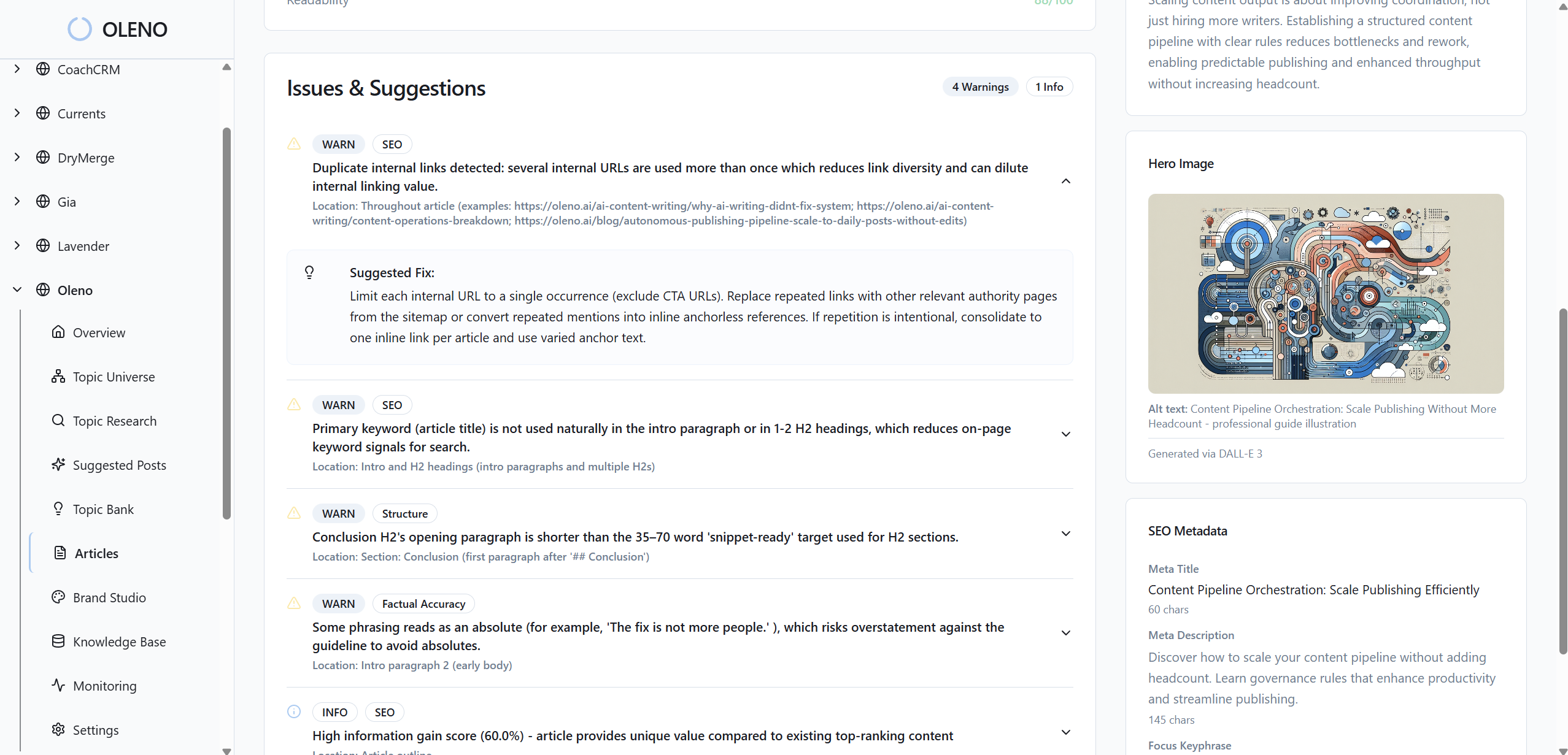 screenshot showing warnings and suggestions from qa process