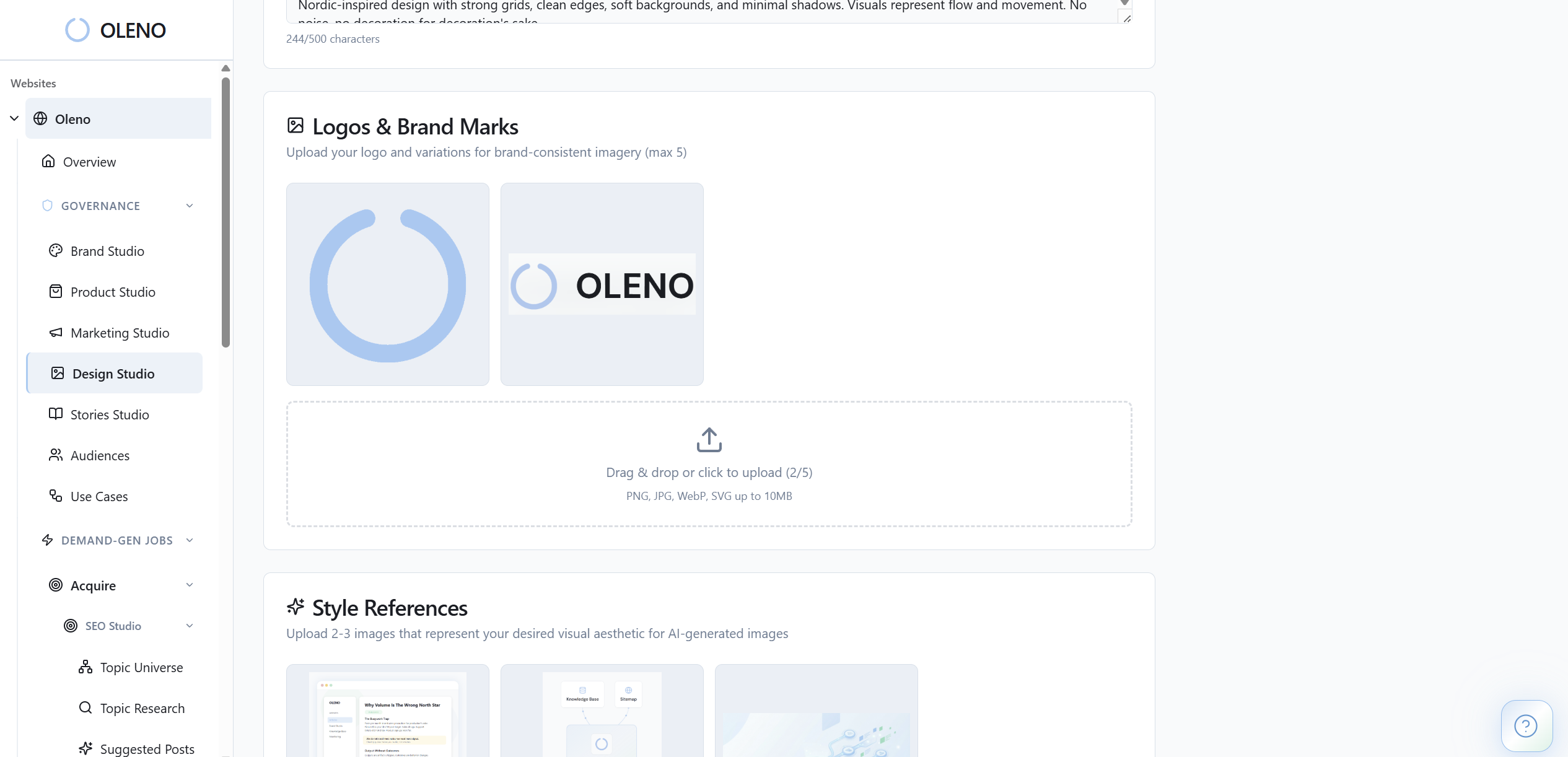 Define how visuals should look across all generated content. Design Studio stores brand colors and palettes, logo usage rules, image style guidelines, and visual identity constraints. This ensures all AI-generated visuals—hero images, inline graphics, social cards—match your brand identity without requiring manual design review for every asset. Design Studio also governs AI image generation—producing on-brand hero images and inline graphics using stored color palettes, logo rules, and style guidelines. Outputs include accessible alt text and SEO-safe filenames, ensuring visual cohesion across your entire content library.