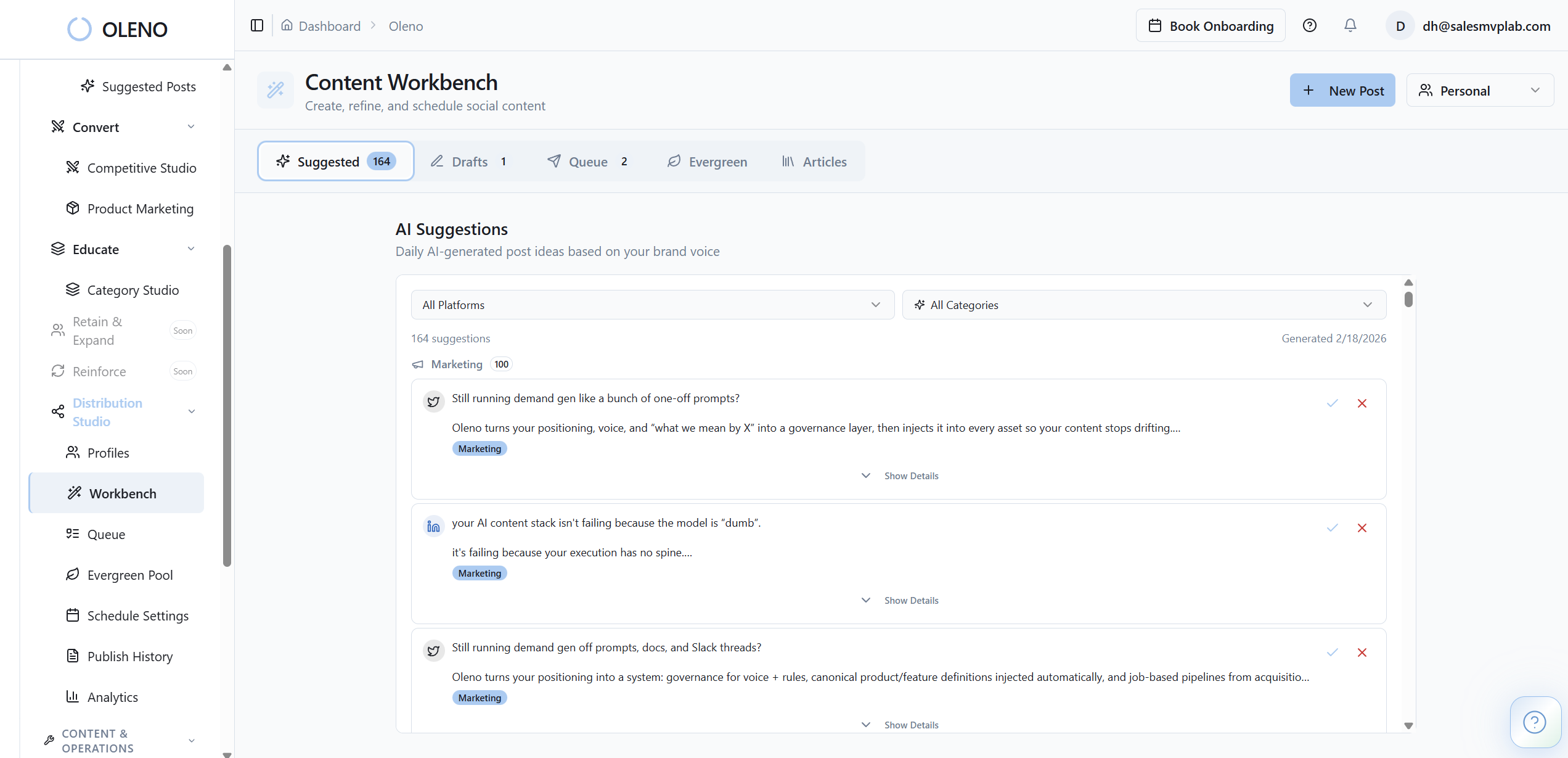 End-to-end social content distribution: generates platform-specific social posts from articles, manages social profiles and schedules, provides a content workbench for editing and approval, and queues posts for publishing across LinkedIn and other platforms.