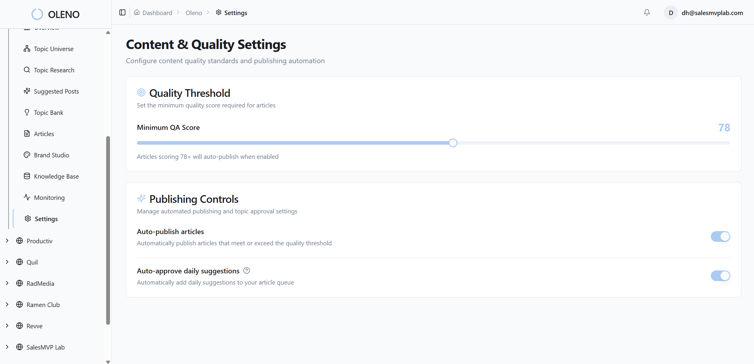 The Quality Gate automatically evaluates every article against your brand standards, structural requirements, and content quality thresholds before it reaches the review queue. Articles that pass are either auto-published or queued for optional review. Articles that fail are automatically enhanced and re-evaluated—no manual triage required.