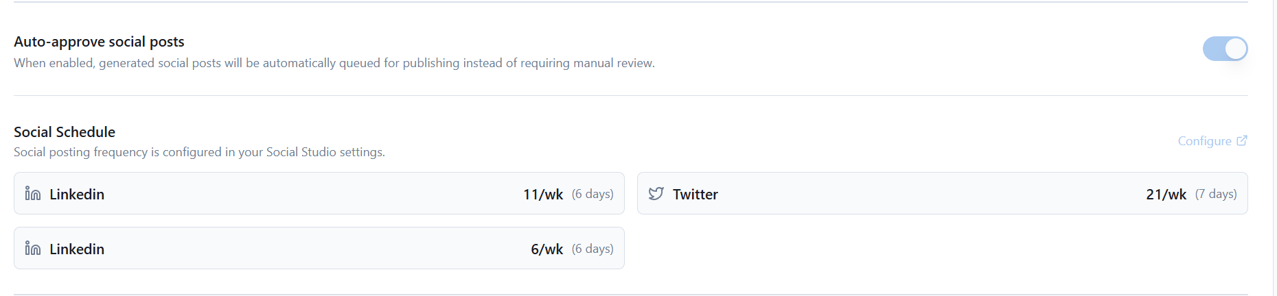 Strategic content planning engine that allocates content across audiences, personas, products, and use cases based on governance weights and coverage gaps. Materializes the topic universe into a prioritized, balanced content calendar. Includes a visual calendar interface with drag-and-drop rescheduling, stream views, status filtering, and dimension-based coverage tracking.