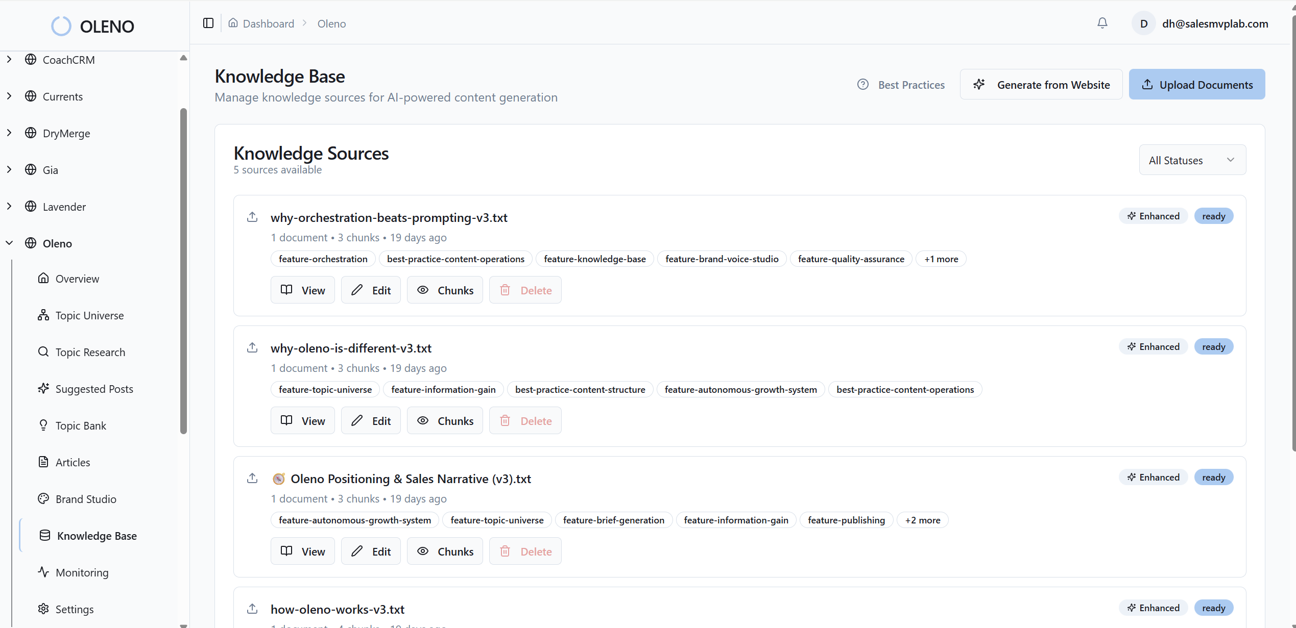 screenshot of knowledgebase documents, chunking