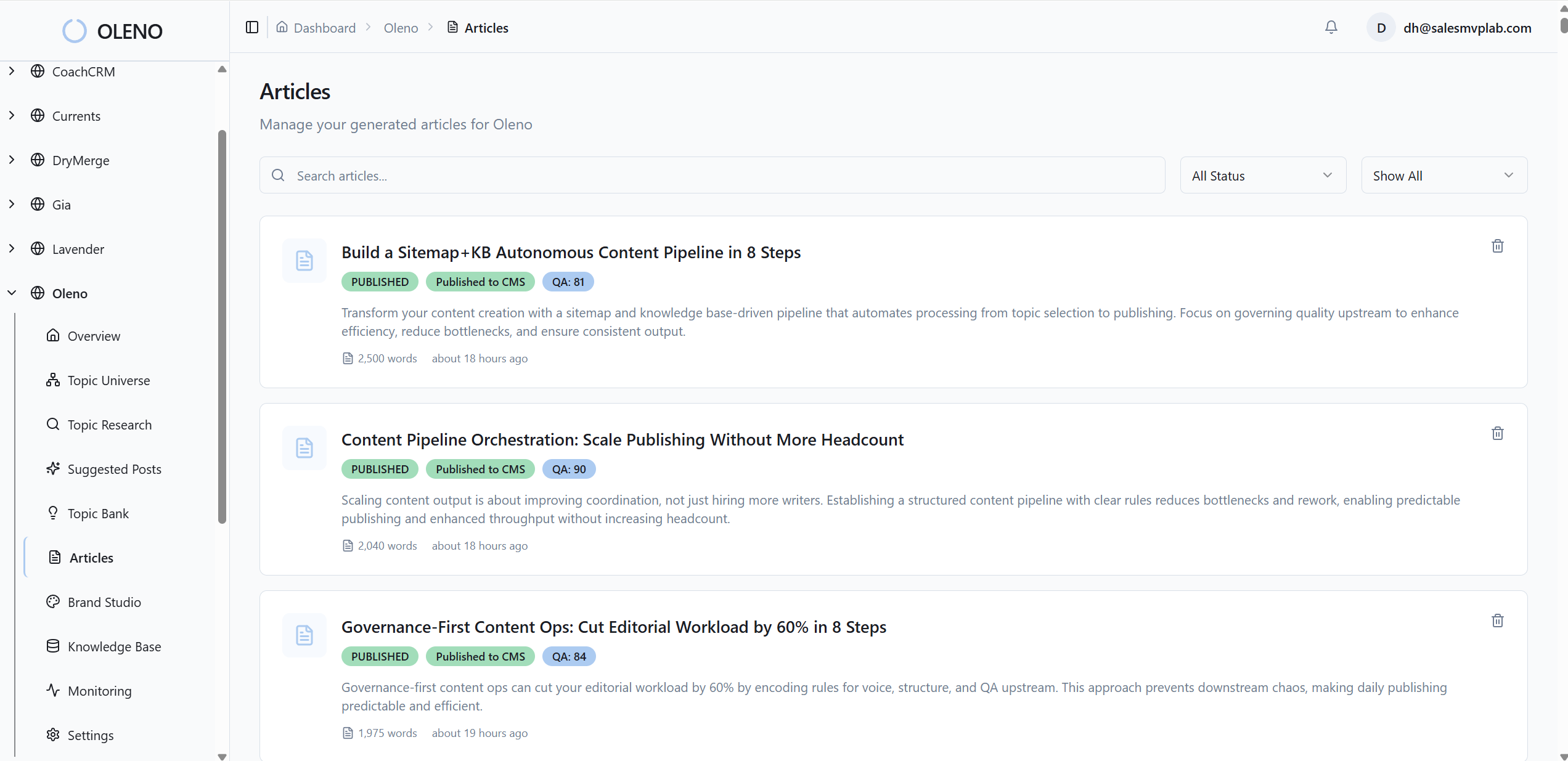 screenshot of article lists, scored, tagged