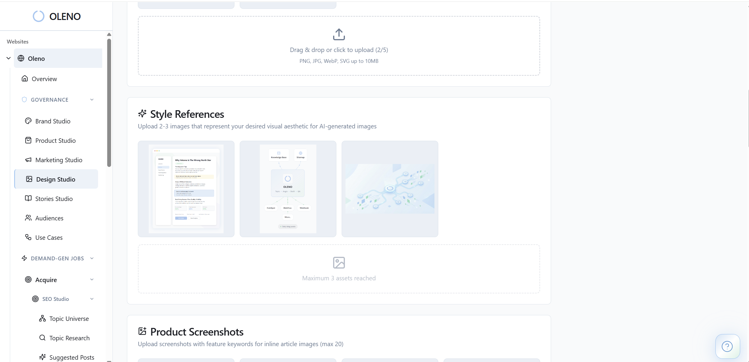 Define how visuals should look across all generated content. Design Studio stores brand colors and palettes, logo usage rules, image style guidelines, and visual identity constraints. This ensures all AI-generated visuals—hero images, inline graphics, social cards—match your brand identity without requiring manual design review for every asset. Design Studio also governs AI image generation—producing on-brand hero images and inline graphics using stored color palettes, logo rules, and style guidelines. Outputs include accessible alt text and SEO-safe filenames, ensuring visual cohesion across your entire content library.