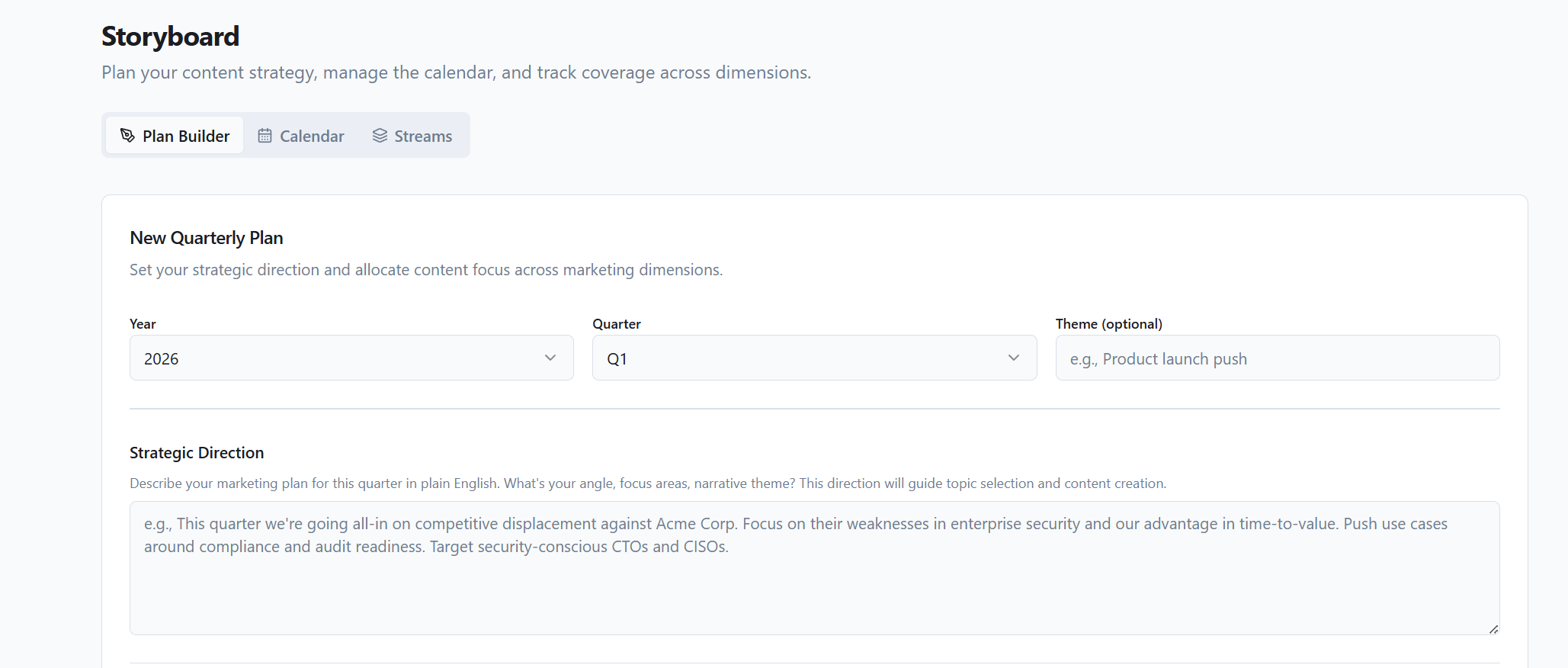 Strategic content planning engine that allocates content across audiences, personas, products, and use cases based on governance weights and coverage gaps. Materializes the topic universe into a prioritized, balanced content calendar. Includes a visual calendar interface with drag-and-drop rescheduling, stream views, status filtering, and dimension-based coverage tracking.
