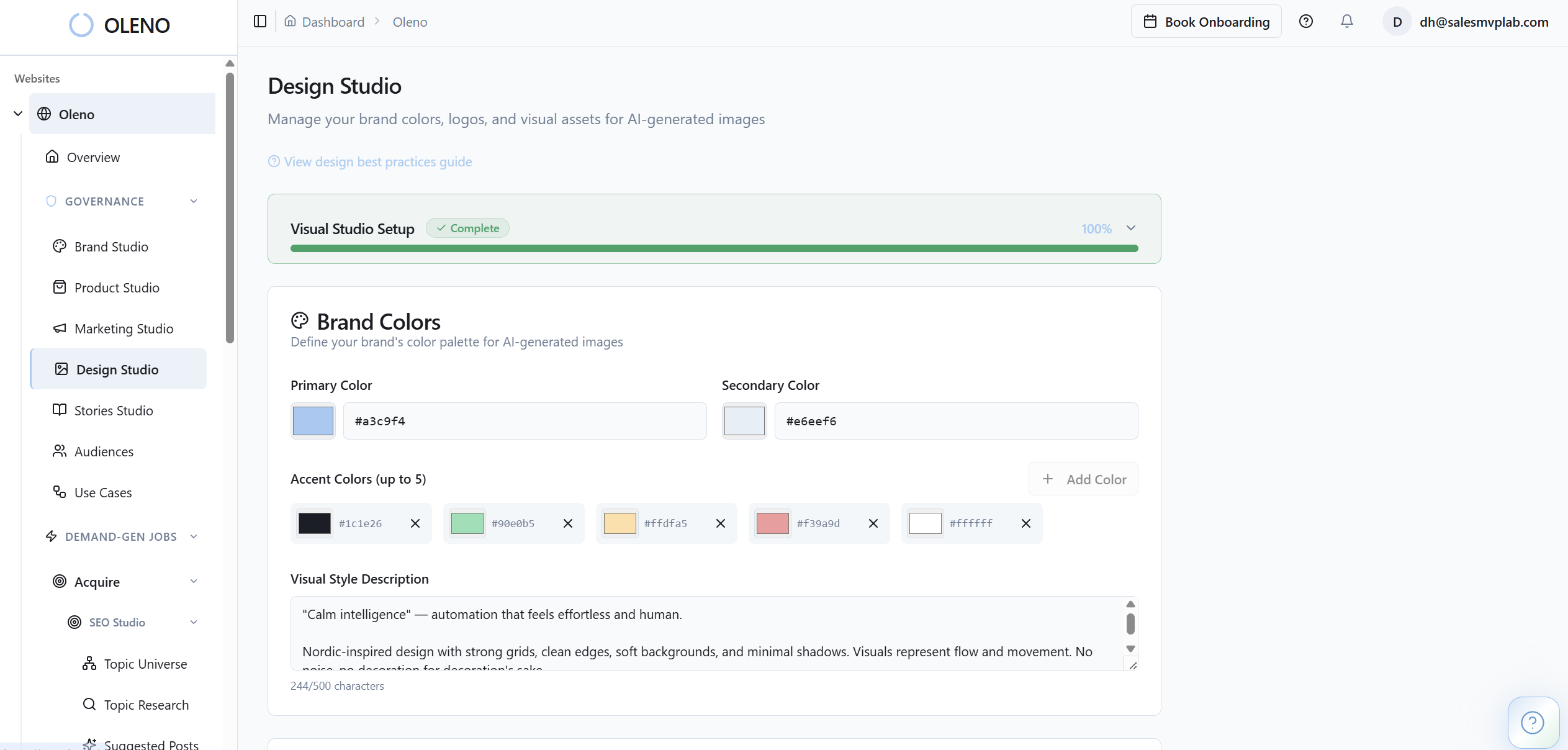 Define how visuals should look across all generated content. Design Studio stores brand colors and palettes, logo usage rules, image style guidelines, and visual identity constraints. This ensures all AI-generated visuals—hero images, inline graphics, social cards—match your brand identity without requiring manual design review for every asset. Design Studio also governs AI image generation—producing on-brand hero images and inline graphics using stored color palettes, logo rules, and style guidelines. Outputs include accessible alt text and SEO-safe filenames, ensuring visual cohesion across your entire content library.