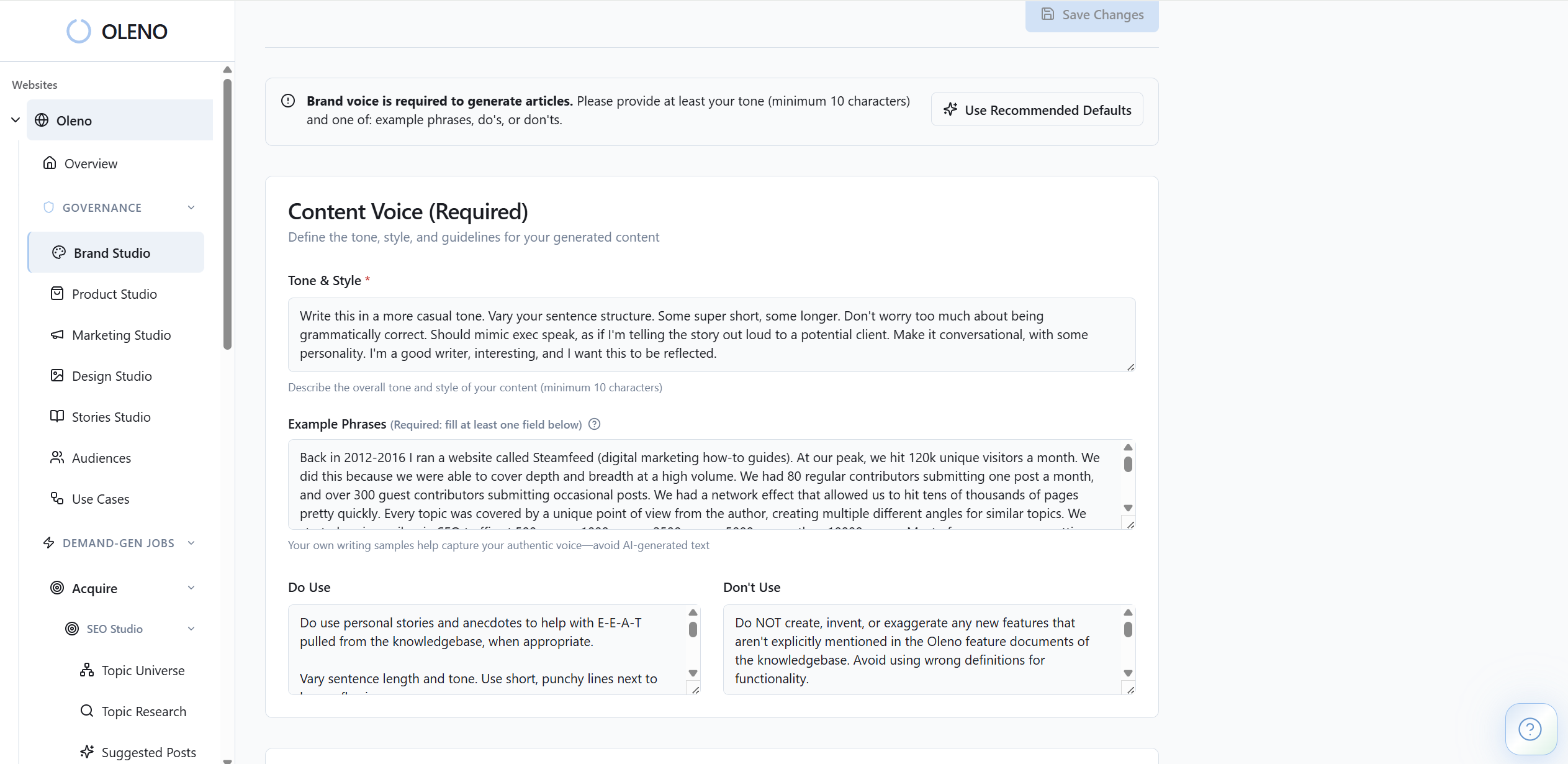Brand Studio solves a pervasive scaling problem: as volume grows, tone and structure drift. Freelancers, agencies, and even in-house teams struggle to consistently replicate a brand’s cadence, terminology, and calls-to-action—especially across different content types. Brand Studio centralizes those rules and makes them operational. You define voice attributes (tone, sentence rhythm, formality), preferred and prohibited terms, CTA construction, paragraph/heading rules, and few-shot exemplars. Oleno then injects these constraints into every step of every content pipeline, and the QA system scores outputs against them. The value is twofold: first, teams stop burning time on subjective edits to “make it sound like us”; second, brand equity compounds because every asset reads as one company speaking with one voice. For small teams, this replaces tribal knowledge and scattered style docs with executable guardrails. For leaders, it creates an auditable, enforceable standard so opinionated storytelling survives scale without devolving into bland, generic copy.