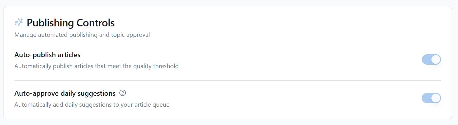 The Orchestrator runs your entire content pipeline autonomously—scheduling topics, executing blueprints, and enforcing per-type quotas without manual intervention. Once configured, it surfaces the highest-priority topics, runs them through the full generation chain (brief → draft → QA → enhance → publish), and respects your cadence settings. Human review is optional: enable auto-publish to skip the review queue entirely.