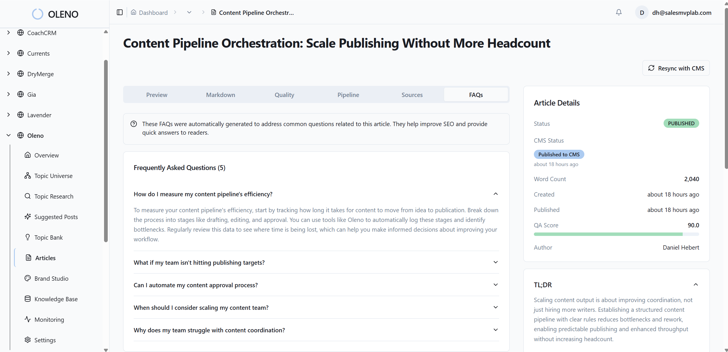 screenshot of FAQs and metadata generated on articles